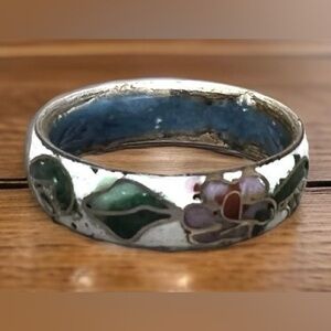 Antique Handmade White & Pink Flower Enamel Cloisonné Ring, Size 7.5